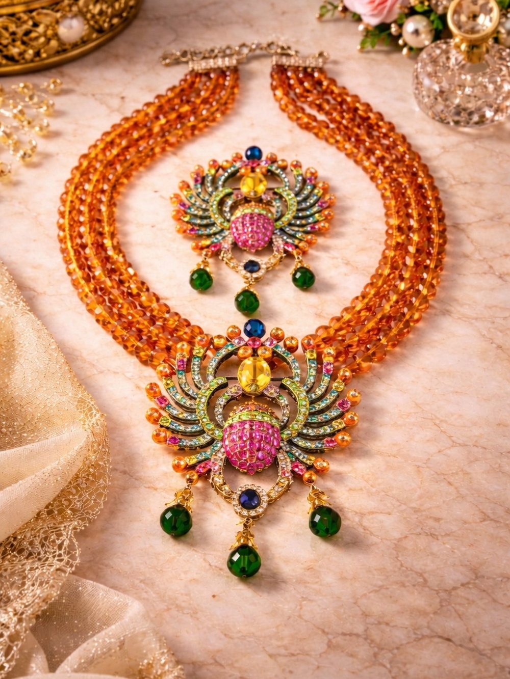 Multicolor Crystal Beaded Statement Necklace with Green Drops